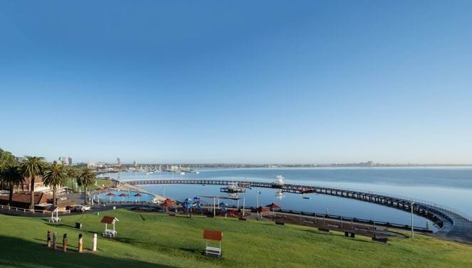 Grassy area in front of a beach with a semi-circular pier and city skyline in the distance